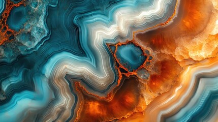 Obraz premium Natural volcanic agate stones close up light blue, beige and golden texture. Wallpaper background, quartz marble, decorative rock pattern. Ai generation