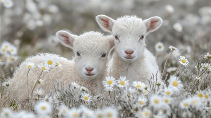 Fototapeta premium Two fluffy white lambs nestled in a field of white daisies, radiating pure innocence and charm.