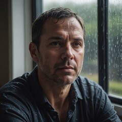 Fototapeta premium Contemplative MiddleAged Man by RainStreaked Window