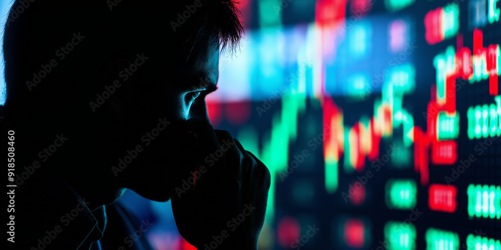 Poster a stock price chart with bold green and red candlesticks, overlaid with the silhouette of a trader d
