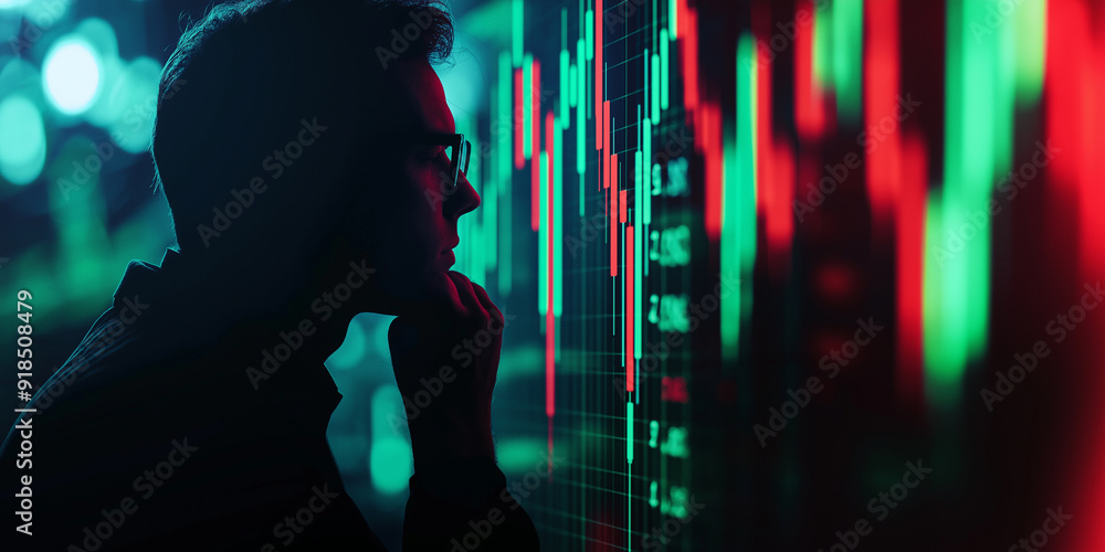 Poster a stock price chart with bold green and red candlesticks, overlaid with the silhouette of a trader d