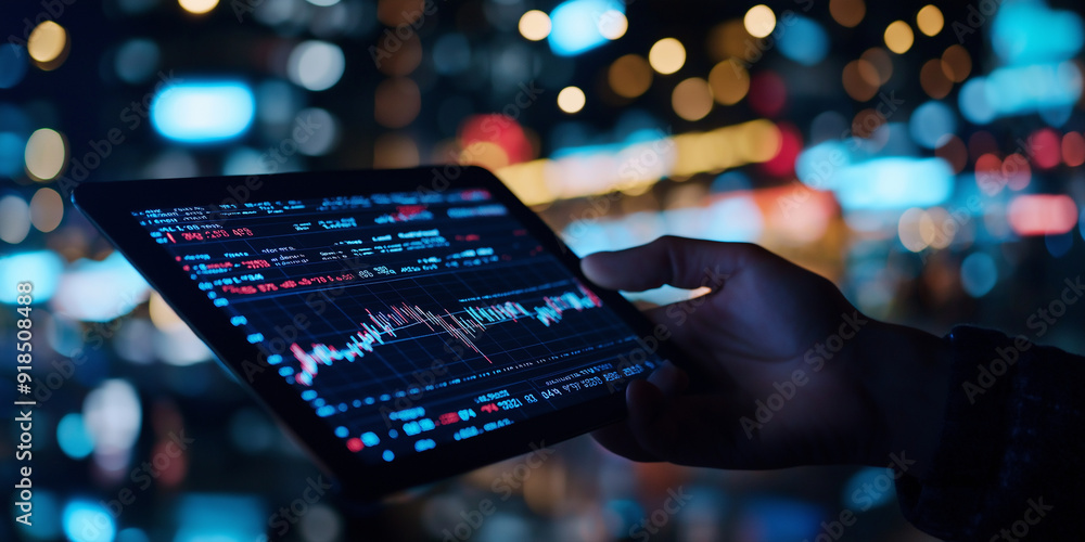 Aufkleber a trader holding a tablet displaying a stock price chart, with a holographic image of bonds and inve
