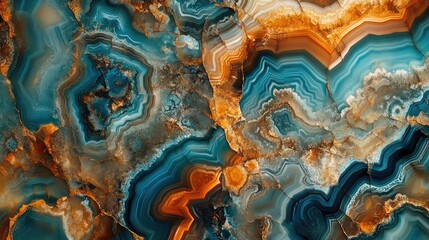 Natural volcanic agate stones close up light blue, beige and golden texture. Wallpaper background, quartz marble, decorative rock pattern. Ai generation