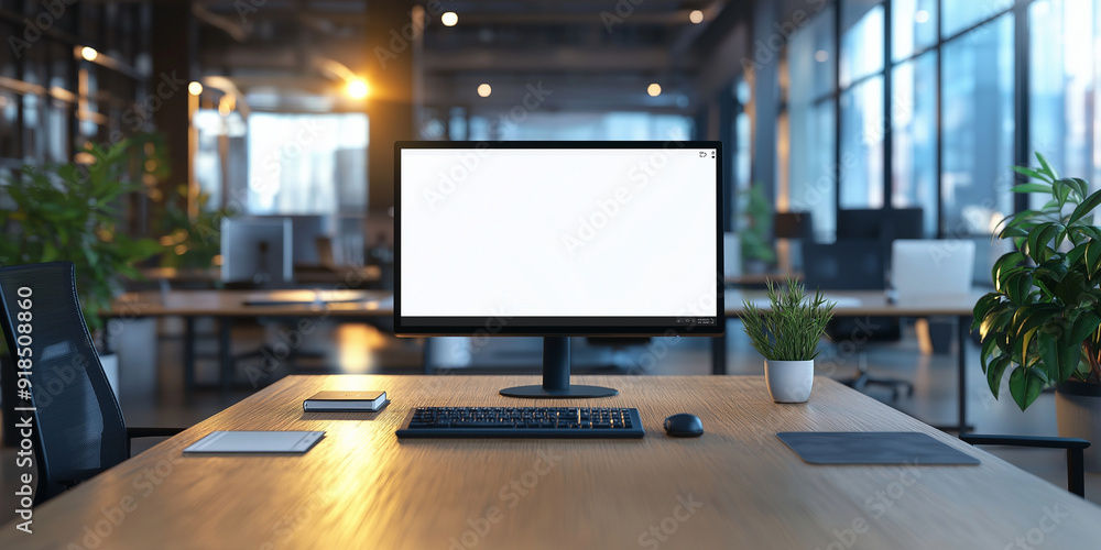 Poster a blank form on a desktop monitor, placed in a bright and modern office space, ready for your custom