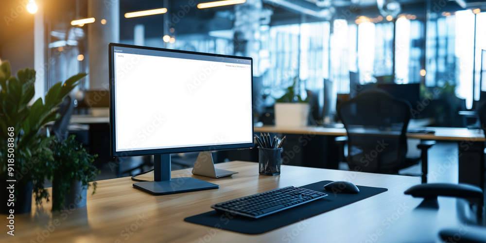 Poster a blank form on a desktop monitor, placed in a bright and modern office space, ready for your custom