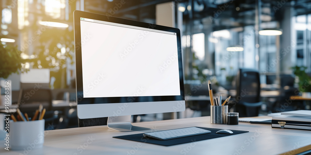 Poster a blank form on a desktop monitor, placed in a bright and modern office space, ready for your custom