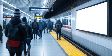 A blank billboard form on a subway station wall, surrounded by commuters, ideal for adding your advertising content