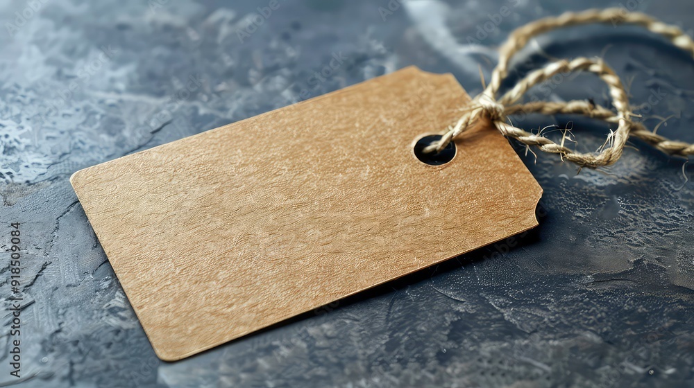 Poster a blank gold tag with a twine string lies on a textured dark grey background.
