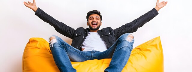 A young man sitting on an orange bean bag chair, wearing jeans and black jacket with red t-shirt underneath. He is excitedly celebrating his success in front of the camera against white background