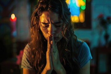 A believer with tears of emotion, praying intensely with closed eyes, in a church setting
