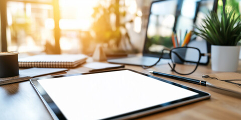 A blank form on a tablet screen, lying on a desk in a modern home office, ideal for inserting your custom advertisement