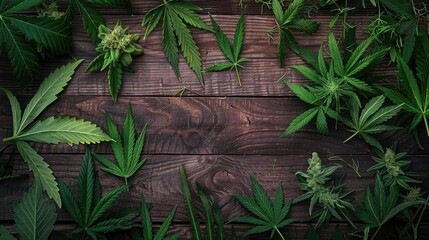 A flat lay of cannabis leaves arranged on a wooden background with other medicinal herbs, emphasizing their use in herbal medicine