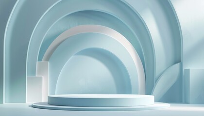 Minimal 3D render featuring a podium against an abstract pastel blue white background