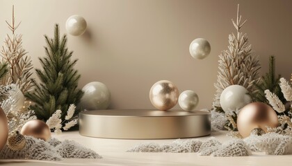 3D render a minimalist Christmas scene with balls and pine trees around a podium