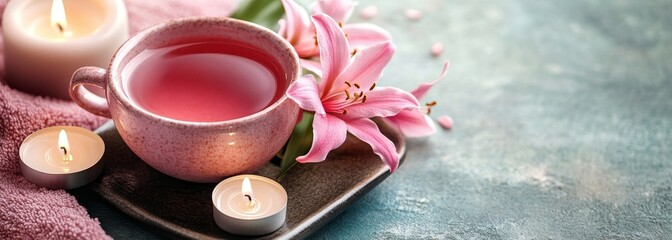 Cup of tea wit lily blossom and candles spa composition background