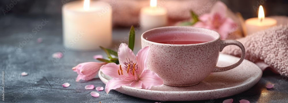 Poster cup of tea wit lily blossom and candles spa composition background