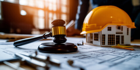 Obraz premium A gavel placed carefully on top of an architectural design sheet, with a construction helmet leaning against a miniature house, representing legal aspects of construction safety