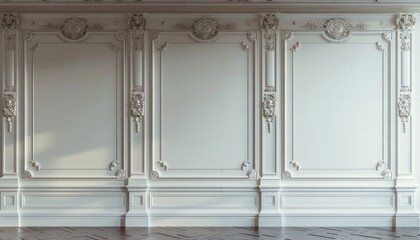 sharp 3D render of a classic interior with a blank wall featuring detailed panels and