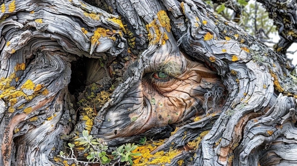Poster a close-up of a tree trunk covered in moss and featuring a face carved into its center
