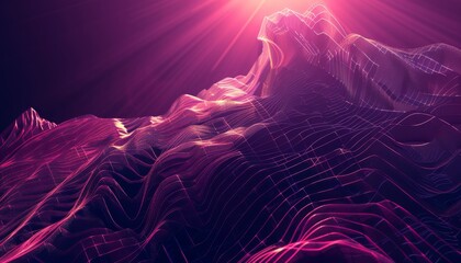 sharp 3D render featuring an abstract graphic object with a radiant glow set against a dark purple