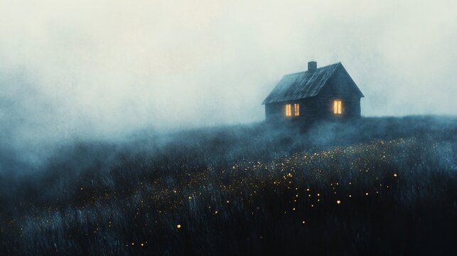 Eerie abandoned cabin in misty landscape, atmospheric scene for horror stories, mystery book covers, and haunting cinematic backdrops evoking isolation and suspense