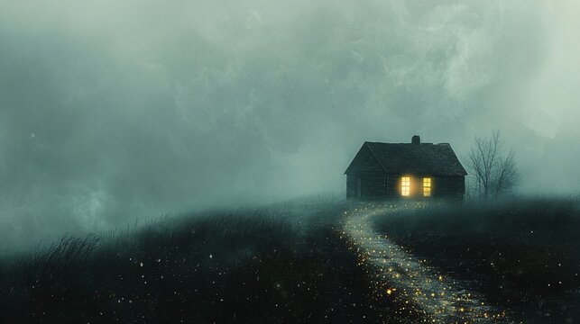 Eerie abandoned cabin in misty landscape, atmospheric scene for horror stories, mystery book covers, and haunting cinematic backdrops evoking isolation and suspense