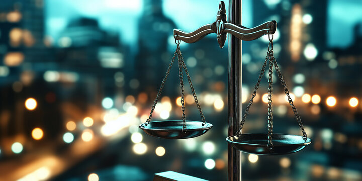 Scales of justice close-up against a cityscape backdrop, representing the role of law in urban life and society