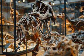 Wide shot of a dinosaur skeleton head with other fossils and skeletons in the background, showcasing the museums extensive collection
