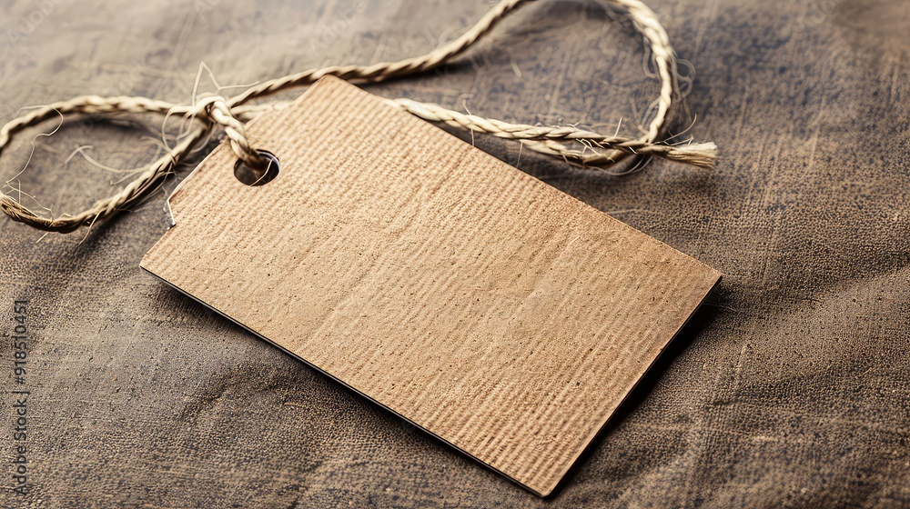 Poster a close-up of a brown paper tag with a string loop, on a textured surface.