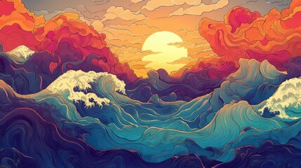 Fototapeta premium Ocean line illustration at sunset, psychedelic manga style, high detail. Anime colorful style. Ai generation