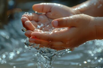 Fototapeta premium Washing child hands under bathroom tap