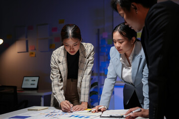 Three business people working together in office at night, analyzing graphs and planning new strategy