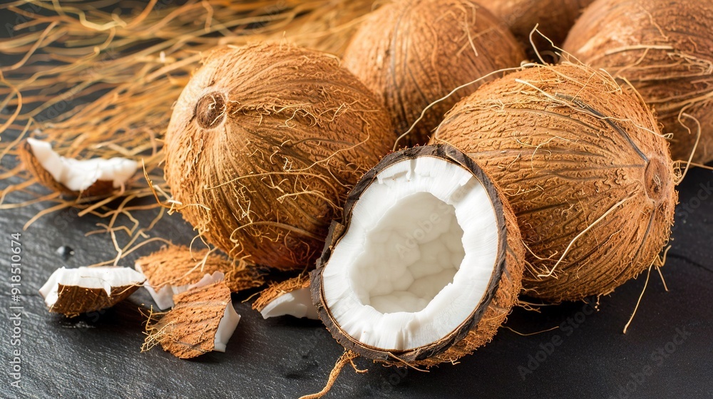 Poster a pair of coconuts rests atop a dark table, accompanied by two additional coconuts