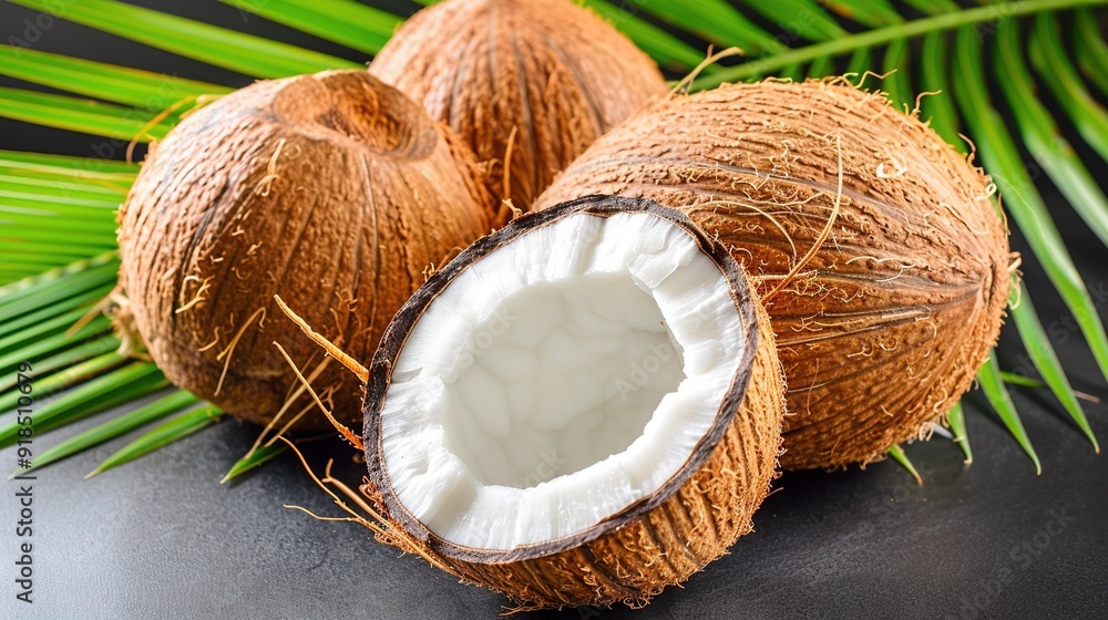 Poster a pair of coconuts resting atop a table adjacent to a lush green palm frond on a dark background