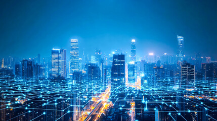 City skyline at night with bright lights and skyscrapers