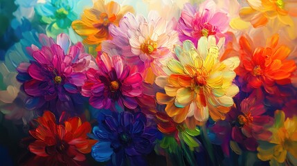 Obraz premium Oil painting of spring flowers on canvas. Beautiful abstract colorful flowers. Macro impasto painting. Ai generation