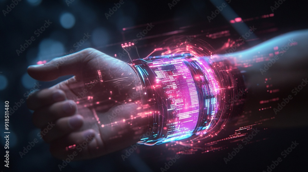 Poster futuristic holographic interface projected from wristband with streaming data - technology concept d