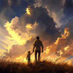 A Father and Son Silhouetted Against a Dramatic Sunset Sky