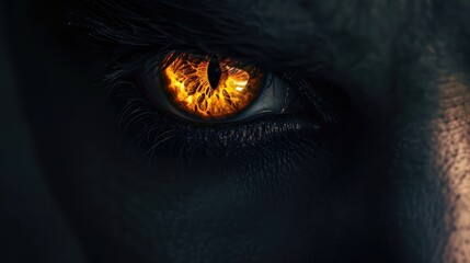 Close-up of the demon eye. Pupil with flame, fire. Evil look. AI generated.