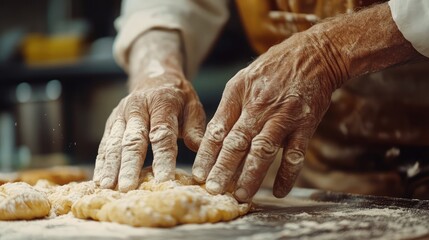 In the restaurant or home kitchen, the old hands of the baker prepare ecologically natural pastries. Ai generation