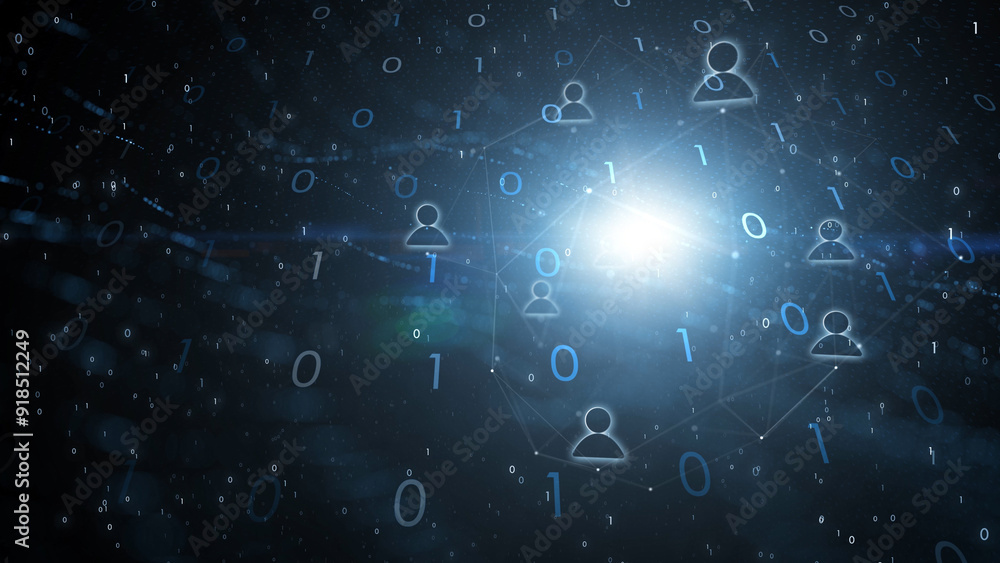 Poster business people icons in digital network cyberspace with glowing light and binary numbers background