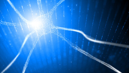 Artificial intelligence brain neuron cell network science background with binary data in blue space with glowing lines illustration.	

