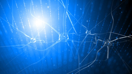 Artistic shining neuron brain cells on blue digital network glowing background with binary data numbers science illustration.	
