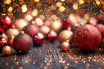 Christmas decorations on black wooden background with golden bokeh lights.