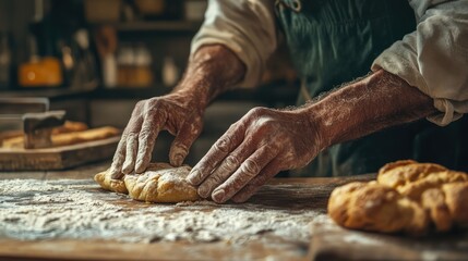 In the restaurant or home kitchen, the old hands of the baker prepare ecologically natural pastries. Ai generation