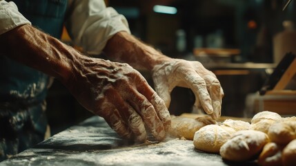 In the restaurant or home kitchen, the old hands of the baker prepare ecologically natural pastries. Ai generation