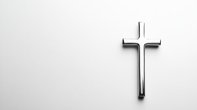 Minimalist Silver Cross on White Background - Simple and elegant silver cross on a clean white background, representing faith, purity, and spirituality.