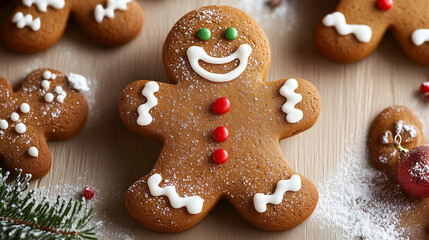 Gingerbread man cookies decorated with icing, surrounded by Christmas ornaments and pine branches on a wooden surface, festive holiday scene.
