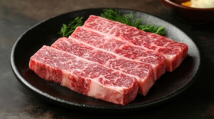 Organic raw meat with prime marbling, highlighting its highgrade quality