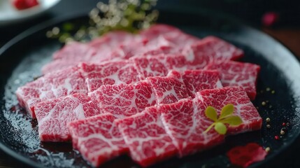 Marbled slices of premium beef elegantly arranged on a black plate